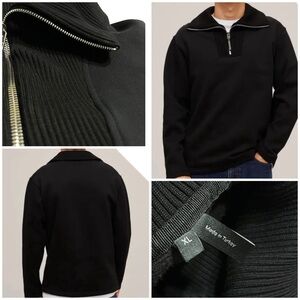 Theory Camner Quarter-Zip Funnel Neck Black Cotton Blend Pullover Sweatshirt XL